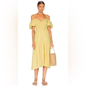 VINCE Draped Puff Sleeve Cold-Shoulder Ruffle Tiered Dress, Yellow, Size 0